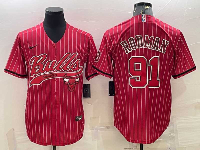 Men's Chicago Bulls #91 Dennis Rodman Red With Patch Cool Base Stitched Baseball Jerseys
